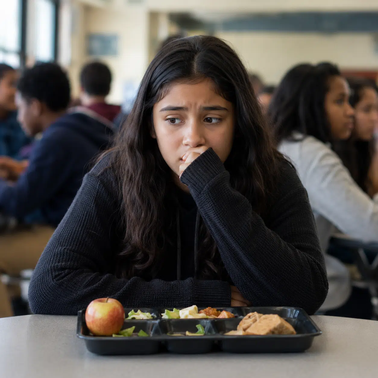 Young student sitting alone at a school cafeteria table looking anxious with a lunch tray in front of them