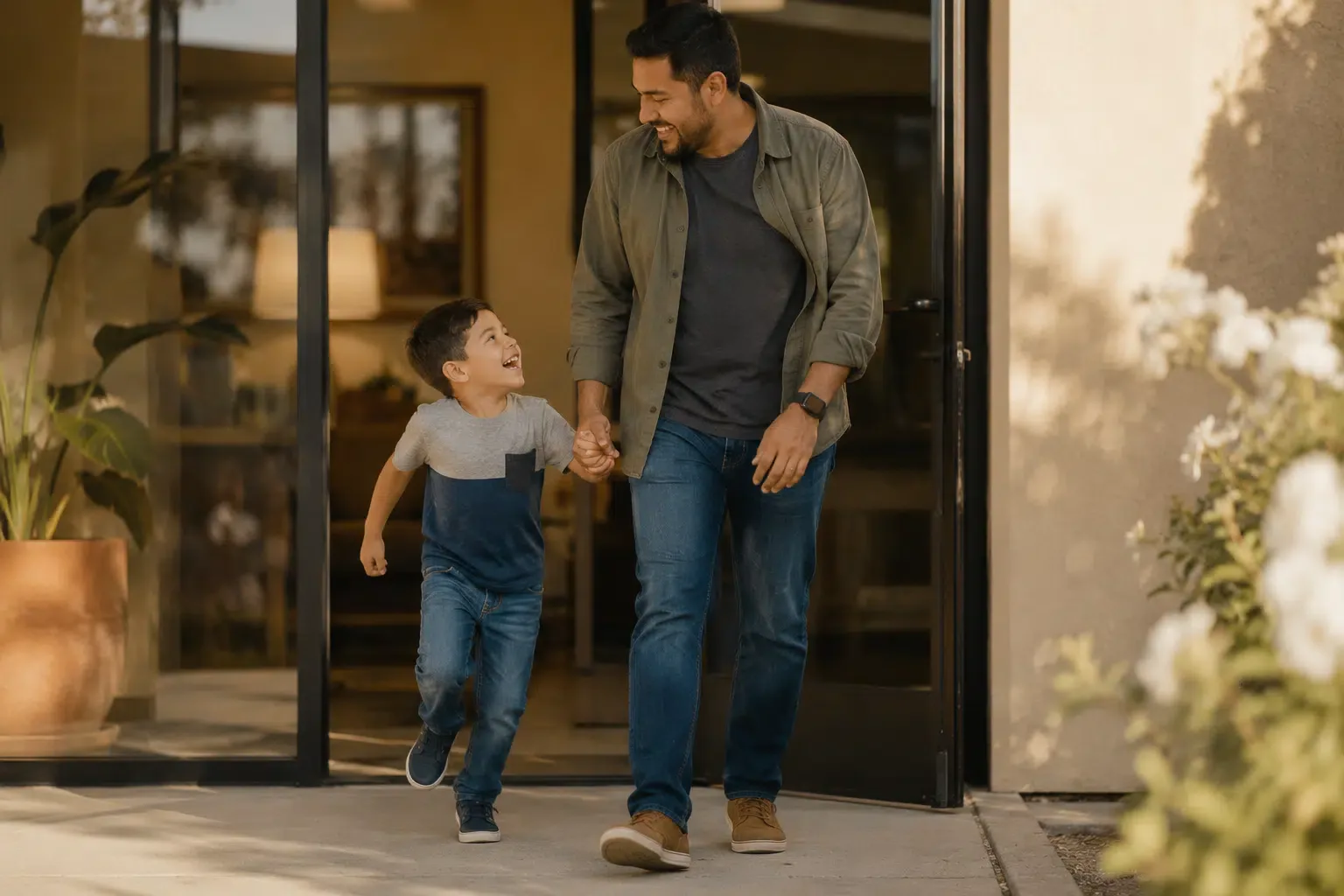Father and young son happily walking out of a professional office building together