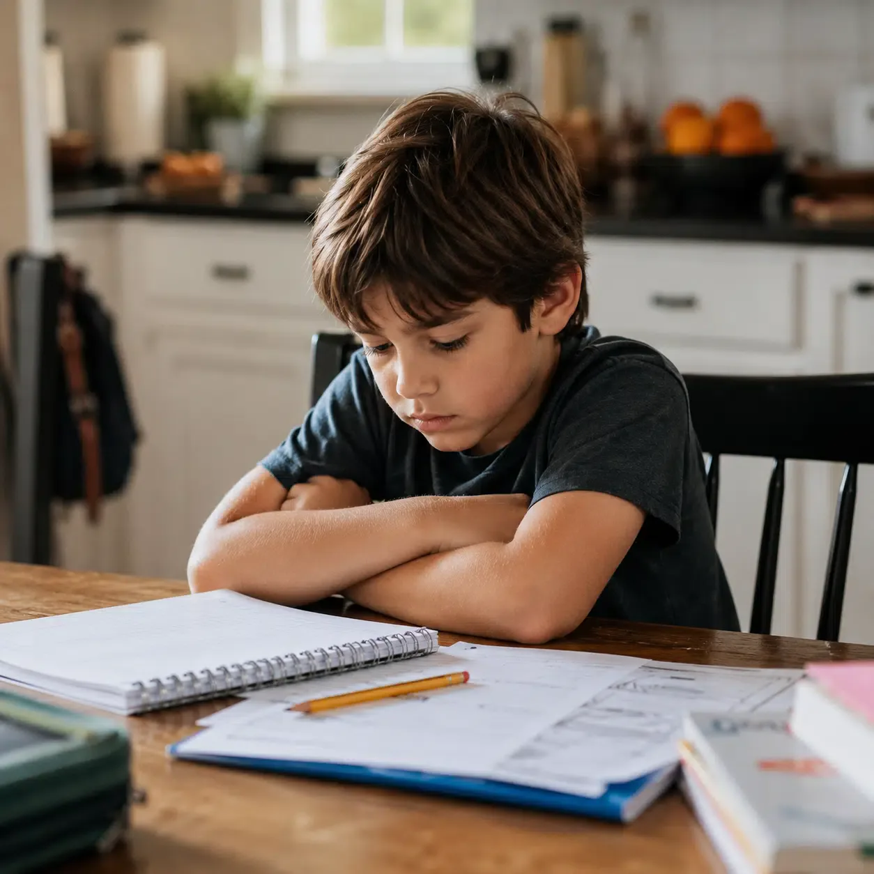 Young child sitting at a kitchen table with arms folded and a downcast expression, school papers spread in front of them